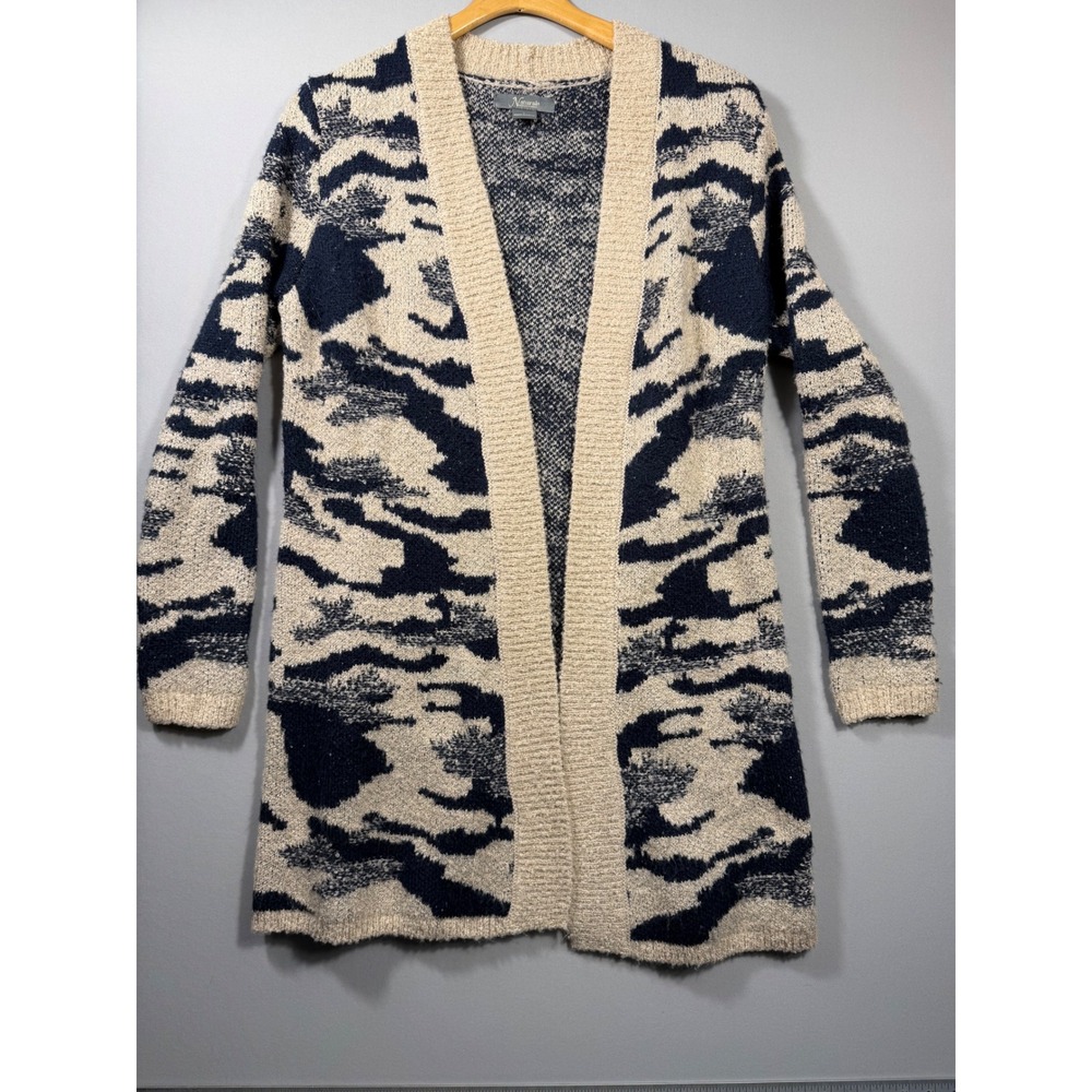 Natural Reflections Navy Blue Cream Camo Open Front Cardigan Sweater Small